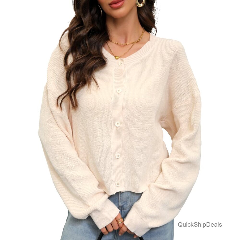 Oversized Cropped Cotton Cardigan, Open Front Crew Neck, Loose Fit